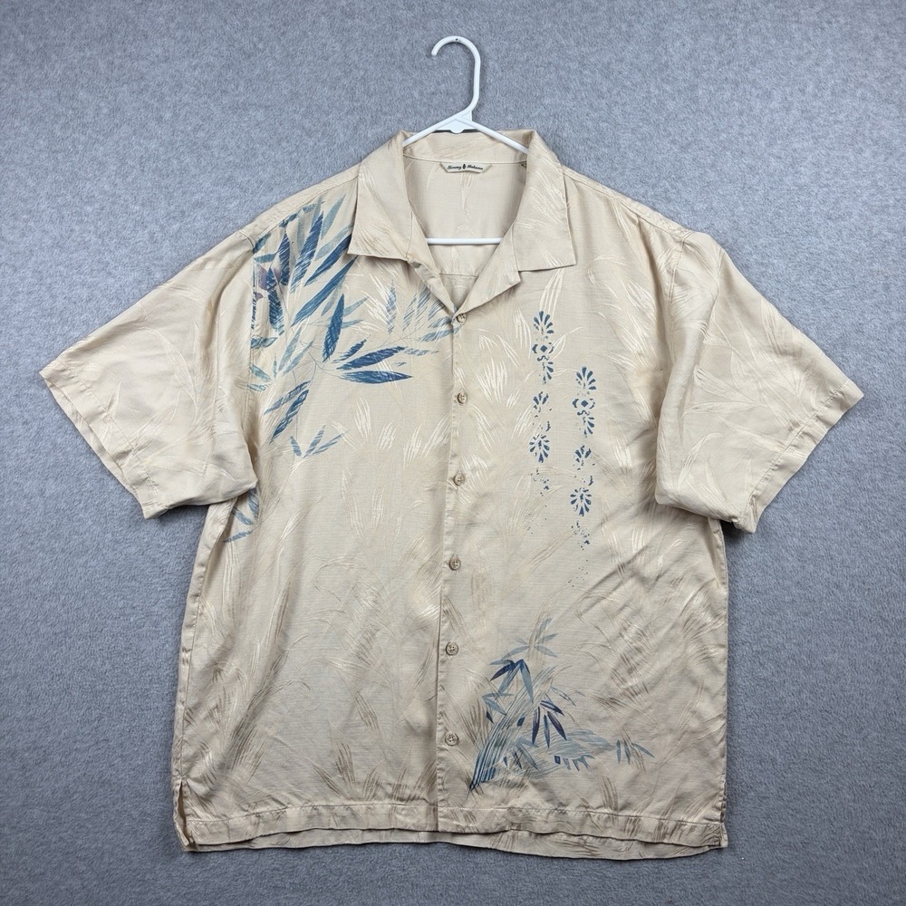 Tommy Bahama Shirt Mens XL Cream Ivory Silk Bamboo Floral Jacquard Camp Hawaiian